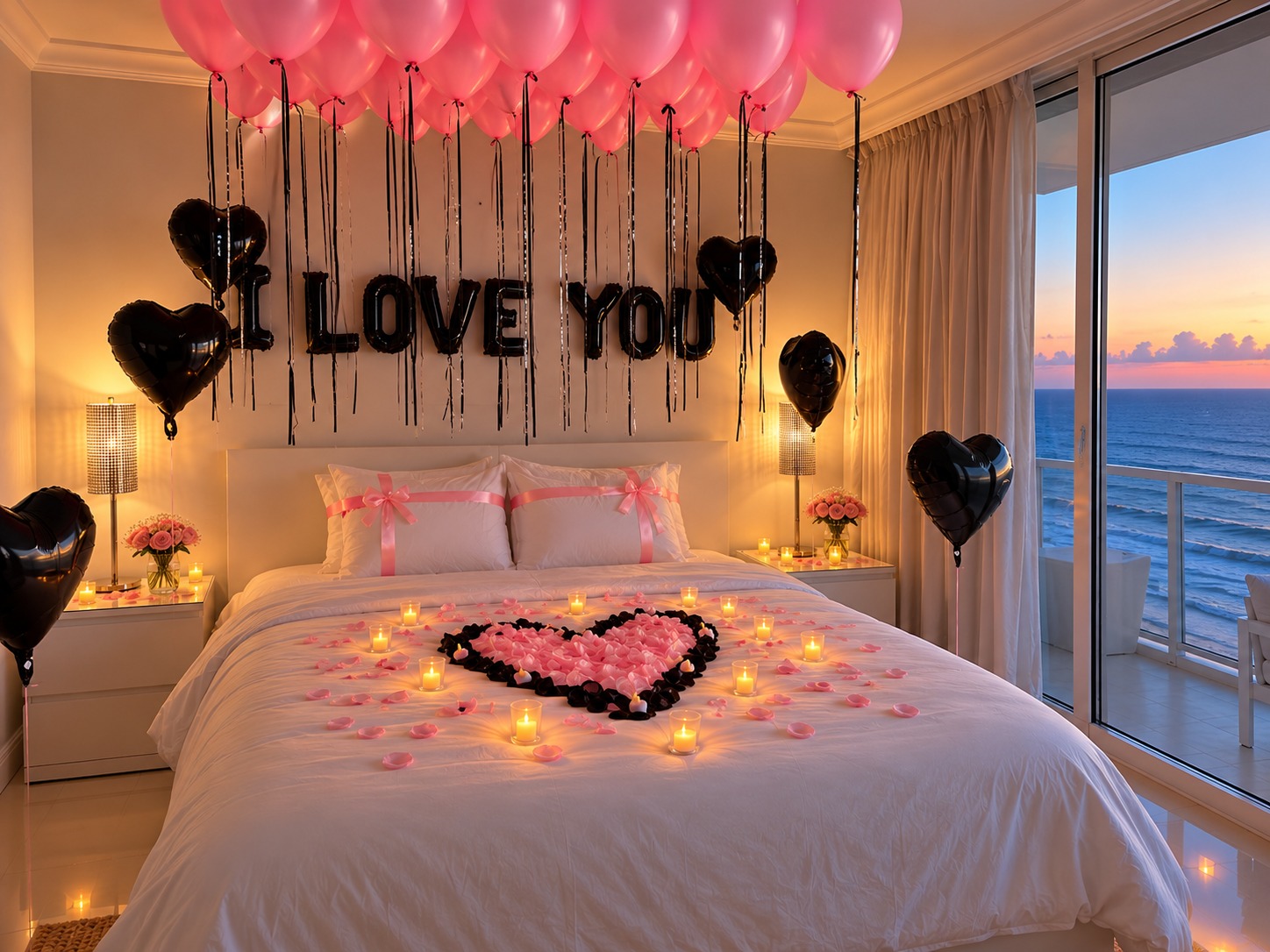 Inspired by our pink-and-black setup: pink ceiling balloons, black heart and love-message balloons, ribbon-tied pillows, a petal heart, warm LED candles and a small floral bouquet.