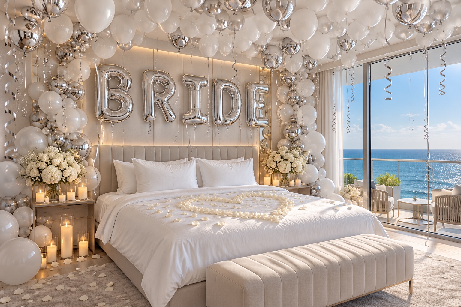 Bridal room décor styling preview with white and silver balloons, silver BRIDE lettering, white flowers, petals and candlelight