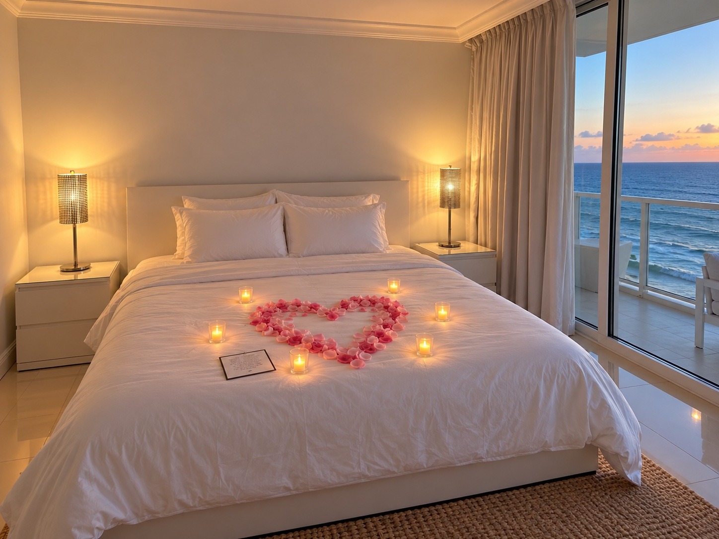 A thoughtful romantic welcome: decorative petal heart, six LED candle accents and a personal message. The minimal décor included in the $500 member escape.