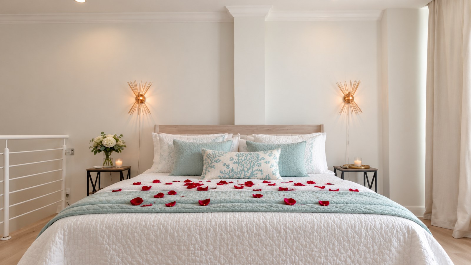 Penthouse bedroom with romantic styling · AI styling preview