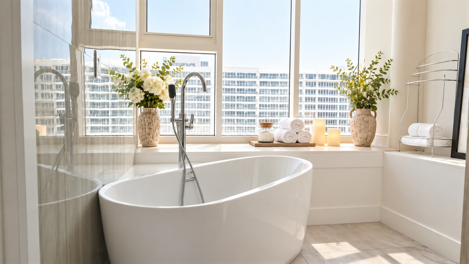 Actual penthouse bathroom architecture with styled bath accents, AI styling preview