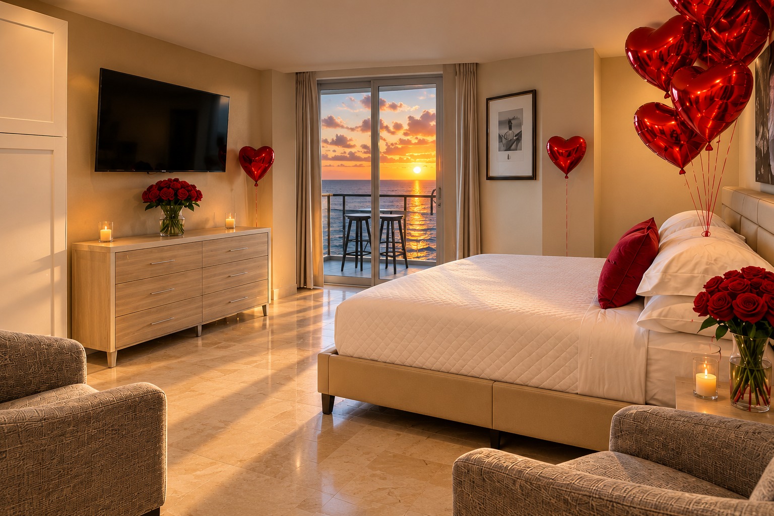 Bright oceanfront room with heart balloons, fresh flowers and a sunset balcony · AI styling preview